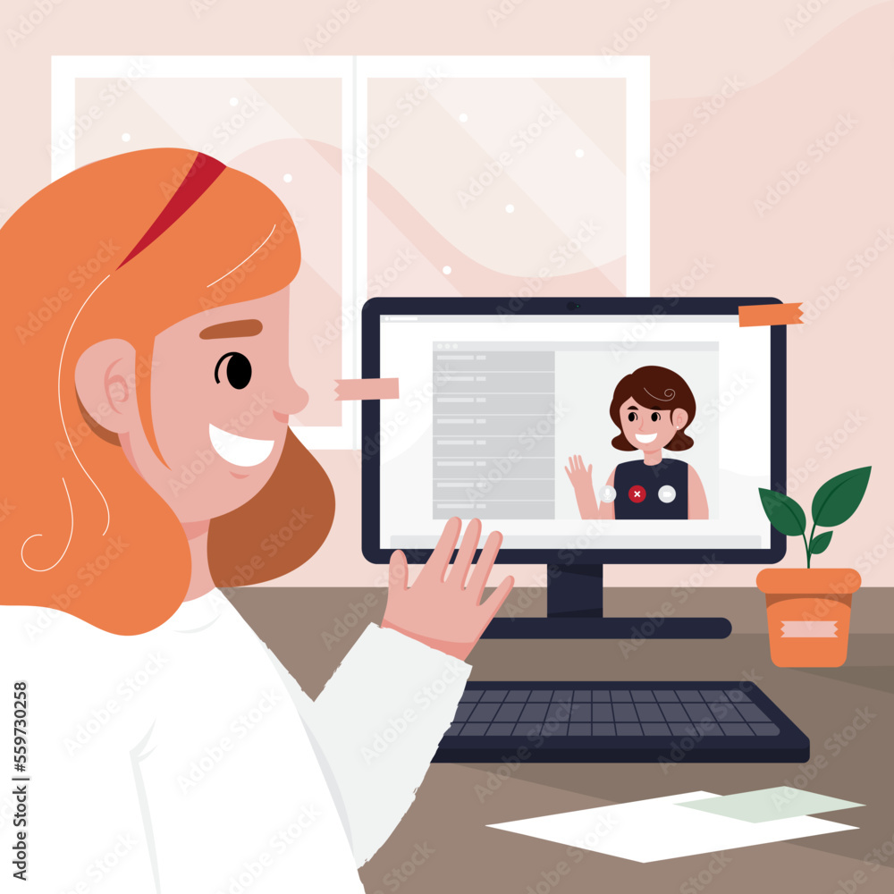 A young woman chatting through her laptop to prevent infection. A young woman chatting through her laptop to prevent infection.