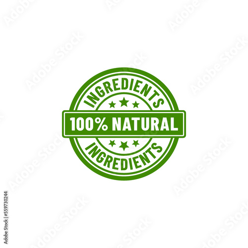 100% natural ingredients or Natural ingredients product vector illustration. Organic ingredients green label stamp. 100% natural ingredients, organic bio pharmacy and natural skincare cosmetic product