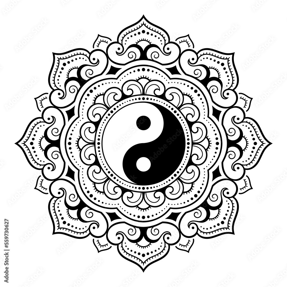 Circular pattern in form of mandala for Henna, Mehndi, tattoo, decoration. Decorative ornament in ethnic oriental style with Yin-yang hand drawn symbol. Outline doodle vector illustration. Circular pattern in form of mandala for Henna, Mehndi, tattoo, decoration. Decorative ornament in ethnic oriental style with Yin-yang hand drawn symbol. Outline doodle vector illustration.