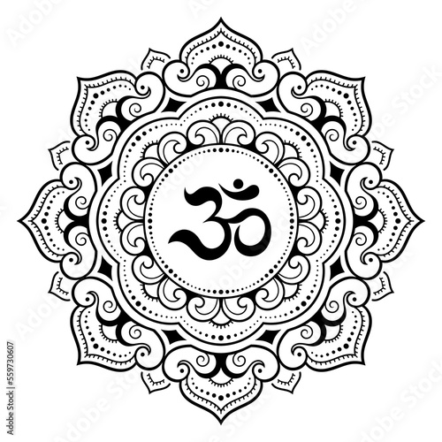 Circular pattern in form of mandala for with flower Henna, Mehndi, tattoo, decoration. Decorative ornament in oriental style with ancient Hindu mantra OM. Outline doodle vector illustration.