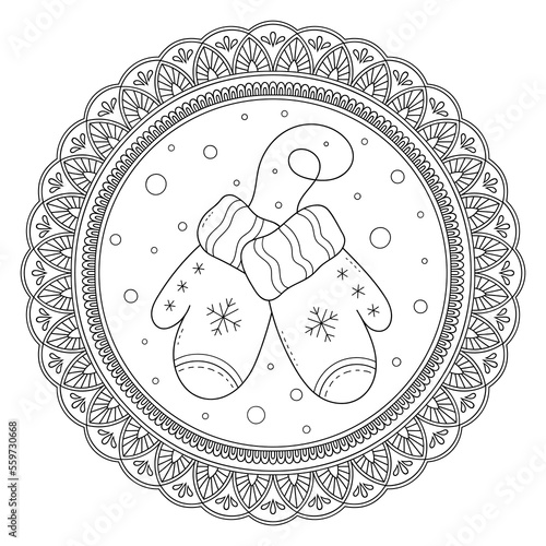 Winter mittens with snowflakes. Christmas decoration in mandala. Coloring antistress for adults and children. Doodle ornament in black and white. Hand draw vector illustration.