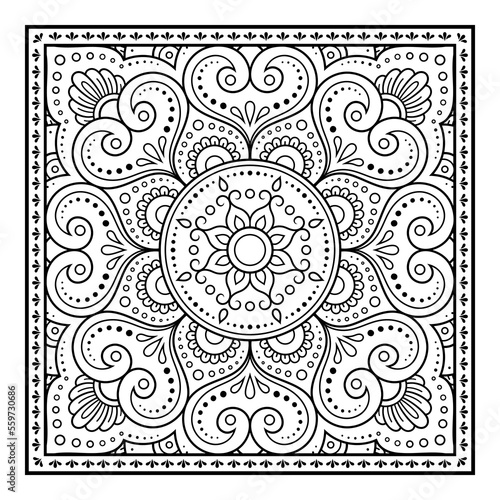 Decorative pattern of flowers and paisley for printing on fabric. Ornament for a bandana, a silk neckerchief, a tablecloth or a kerchief. Square sketch in tribal or oriental style.