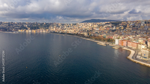 Aerial view of the Caracciolo waterfront and Mergellina district in Naples, Italy.