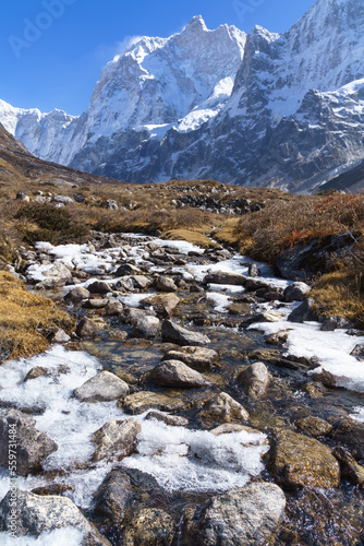 A frozen stream along the track to Jannu peak viewpoint, one of the highlights of the Kanchenjunga base camp trek in Nepal. © Jeroen Kleiberg