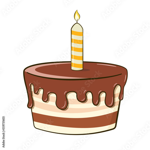 Chocolate birthday cake with candle. Cartoon. Vector illustration