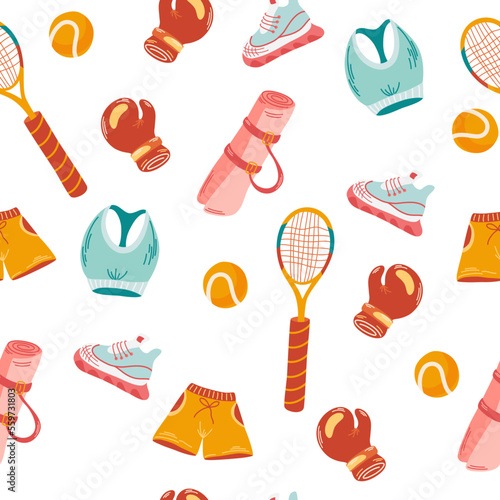 Sports items seamless pattern. Sportswear, sneakers, tank top, shorts, tennis racket, hall, boxing gloves. Repeatable background is ideal for printing scrapbooking textiles and fitness. Vector
