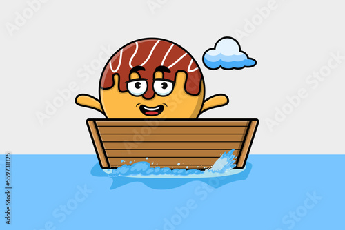 cute cartoon Takoyaki get on boat in vector character illustration