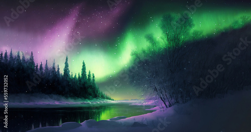Aurora borealis, Northen polar lights, green purple color sky, Winter dark snowy mountain lanscape Fototapet