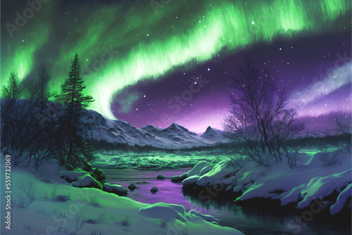 Aurora borealis, Northen polar lights, green purple color sky, Winter dark snowy mountain lanscape. AI generative