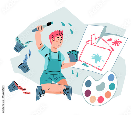 Children's art therapy and creative education, flat vector illustration isolated on white background. Development and education of children through art. Creative child draws.