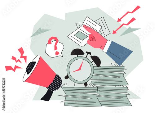 Working overtime under deadline and time constraints. Excessive demands of management. Overwork and overload, overburden at work, flat cartoon vector illustration isolated.