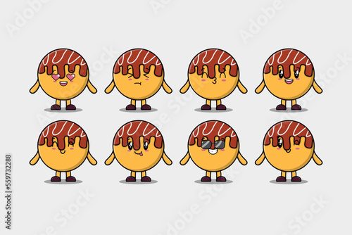 Set kawaii Takoyaki cartoon character with different expressions cartoon face vector illustrations