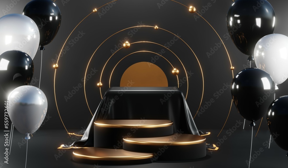 3D rendering of backdrop black podium background show room for black friday products and sale banner 3D rendering of backdrop black podium background show room for black friday products and sale banner