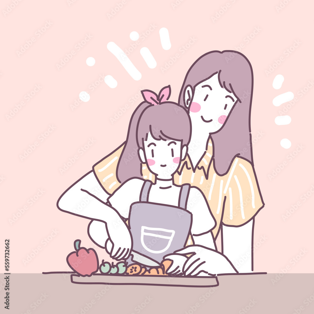 Vector flat illustration with a girl who cooks in the kitchen Vector flat illustration with a girl who cooks in the kitchen