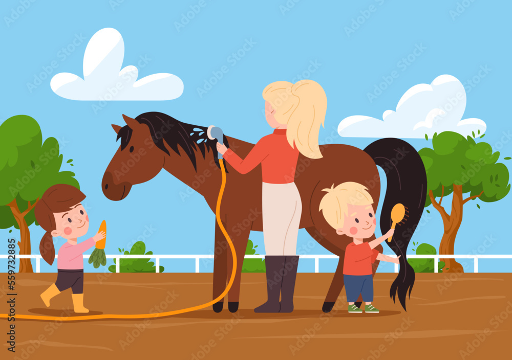 Woman and children clean and feed the horse, flat cartoon vector illustration.