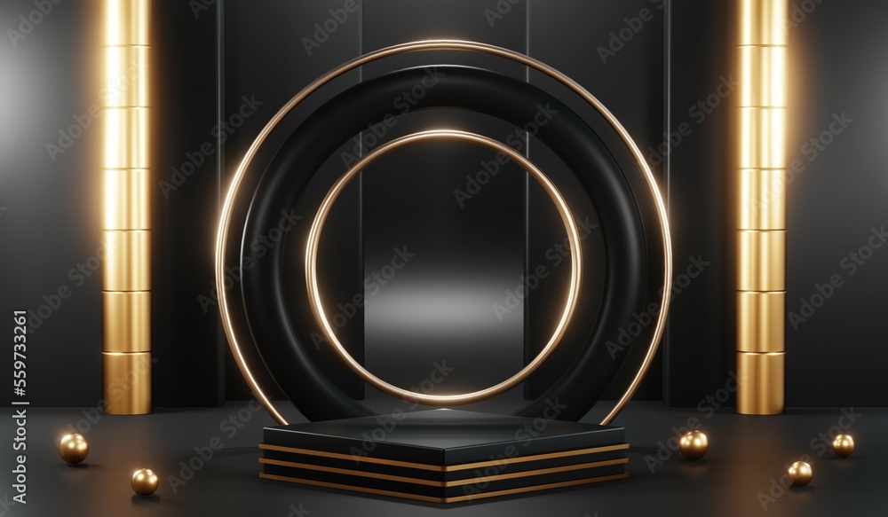 3D rendering of backdrop black podium background show room for black friday products and sale banner 3D rendering of backdrop black podium background show room for black friday products and sale banner