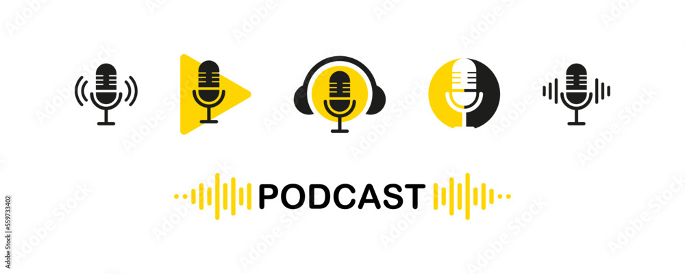Naklejka premium Podcast radio icon set . Podcast channel or radio logo design using microphone. Voice vector icon, record. Studio table microphone with broadcast text podcast