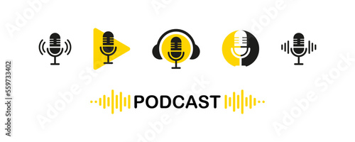 Podcast radio icon set . Podcast channel or radio logo design using microphone. Voice vector icon, record. Studio table microphone with broadcast text podcast