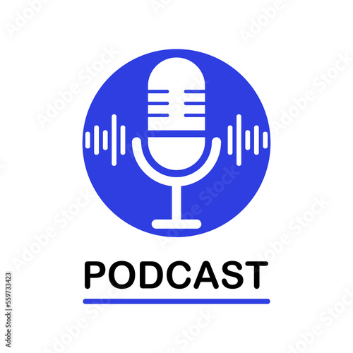 Podcast radio icon illustration. Podcast channel or radio logo design using microphone. Voice vector icon, record. Studio table microphone with broadcast text podcast