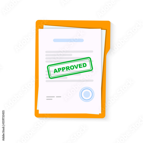 Approved document. Clipboard with document, green approved stamp. Flat vector illustration