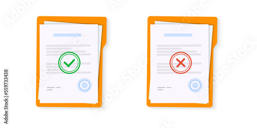 Approved and rejected document. Clipboard with document, red rejected and green approved stamp. Flat vector illustration