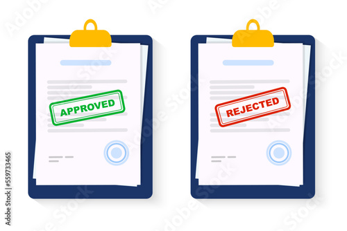 Approved and rejected document. Clipboard with document, red rejected and green approved stamp. Flat vector illustration