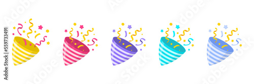 Exploding party poppers set with confetti. Party popper emoji icon. The element of celebrating any holiday. Party popper icon. Isolated on white. Vector illustration