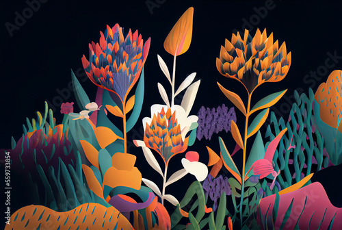Abstract composition of various colorful flowers, plants and shapes. Generative AI illustration. 