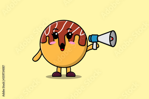 Cute Cartoon Takoyaki character speak with megaphone in 3d cartoon style concept