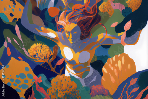 Abstract composition of a woman surrounded by colorful shapes and elements resembling plants  flowers and corals. Generative AI illustration.