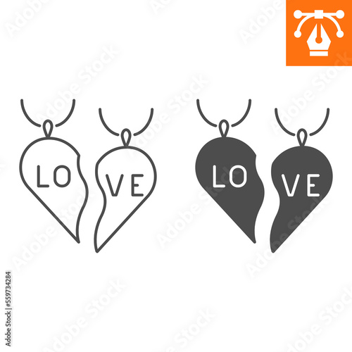 Couple heart pendant line and solid icon, outline style icon for web site or mobile app, love and valentines day, heart necklace vector icon, simple vector illustration, vector graphics.