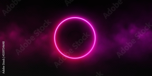Neon circle frame with smoke cloud, glowing gradient ring with colorful fog. Illuminated realistic night scene. Futuristic portal concept. Vector illustration.