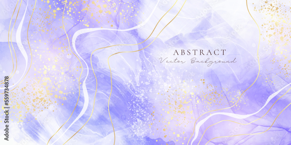Violet cyan blue liquid watercolor background with golden stains. Teal mauve purple marble alcohol ink drawing effect. Vector illustration design template for wedding invitation, menu, rsvp