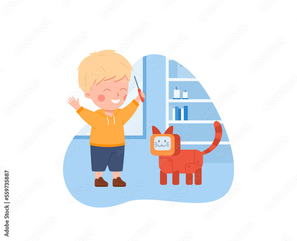 Child playing with robotic cat, flat vector illustration isolated on white.