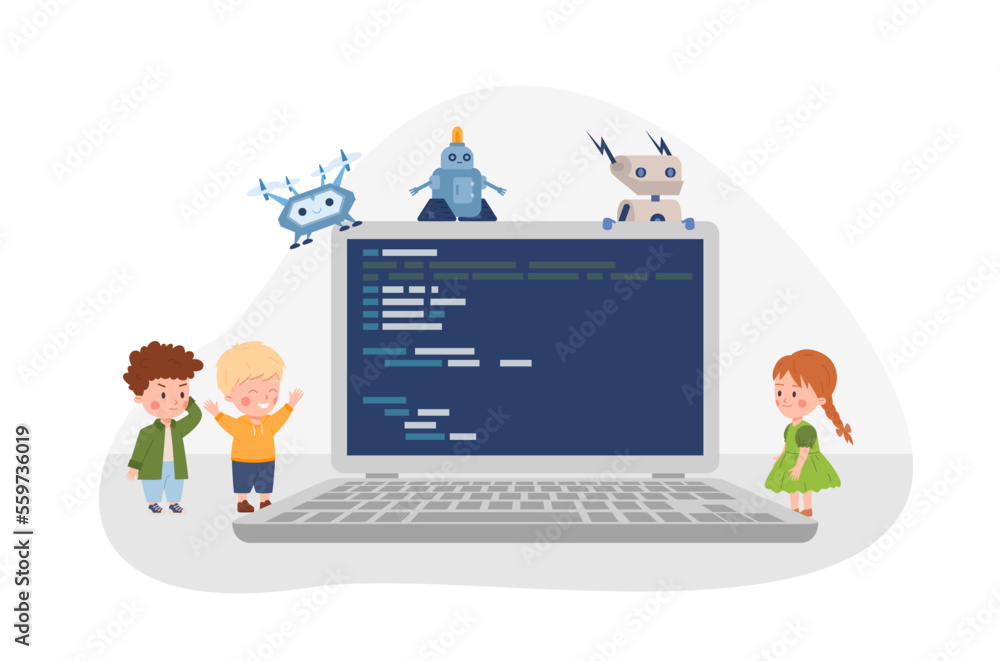 Tiny kids and smart robots with huge laptop, coding program flat style ...