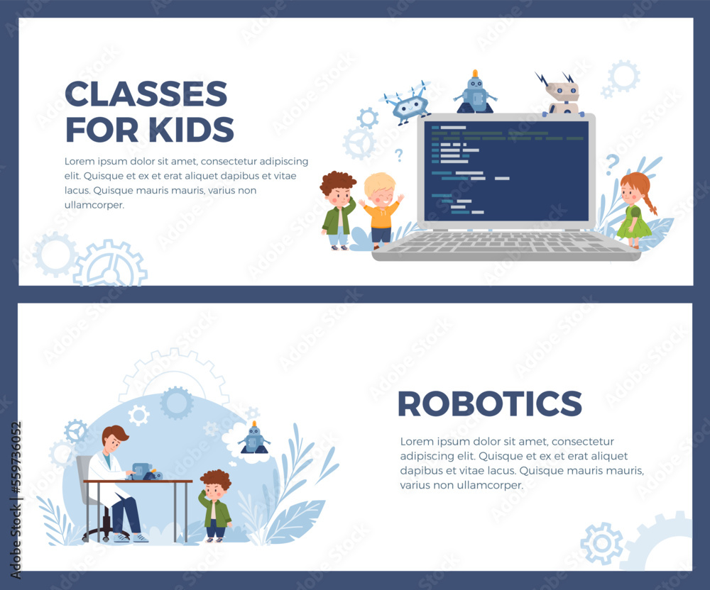 Robotics classes for kids, advertising web banners set, flat vector illustration.