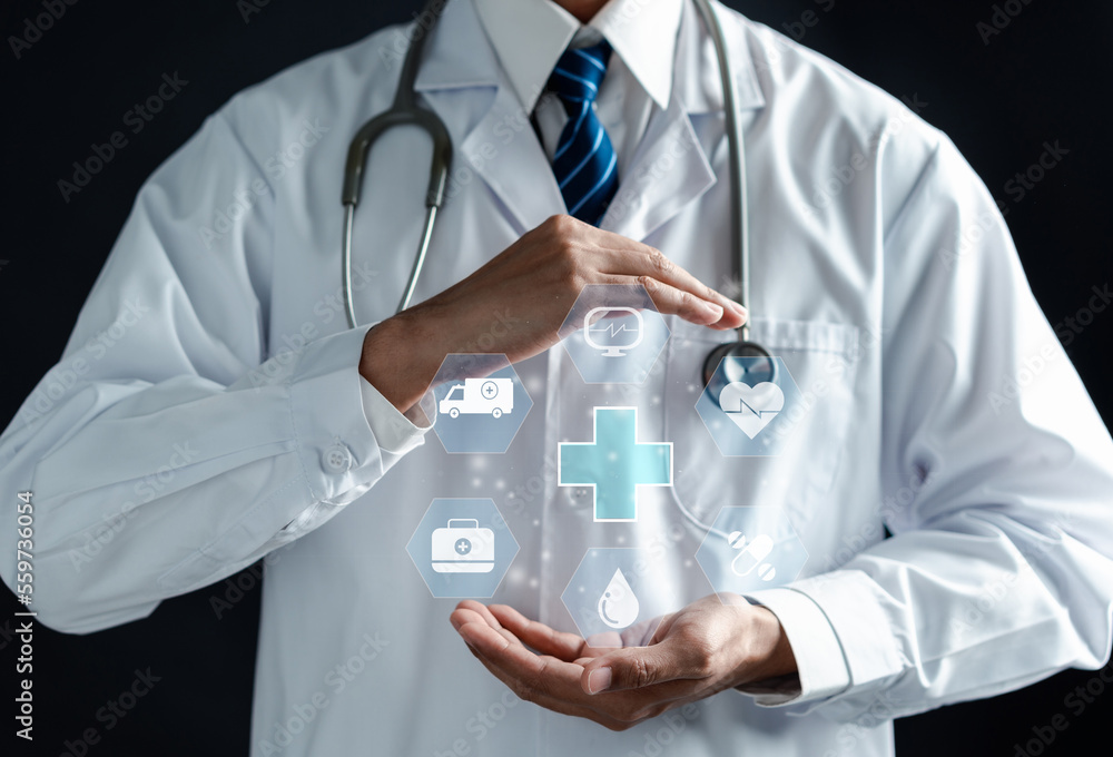 Health insurance concept. Doctor in a white coat uniform hand holding plus and healthcare medical icon, health and access to welfare health concept. Health insurance concept. Doctor in a white coat uniform hand holding plus and healthcare medical icon, health and access to welfare health concept.