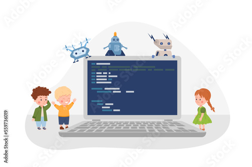 Tiny kids and smart robots with huge laptop, coding program flat style