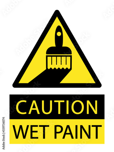 Caution, wet paint. Yellow triangle sign with paintbrush . Text below.