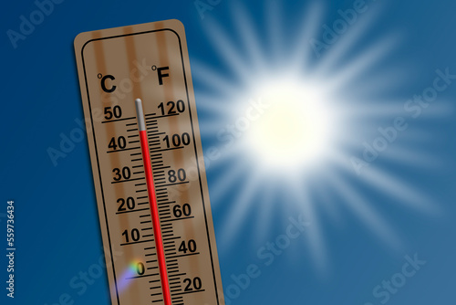 Ilustração com um termometro de madeira a assinalar 45 graus celcius de temperatura, muito calor