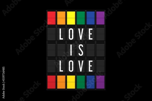 LOVE IS LOVE airport flapper with a black background. This image celebrates the pride, diversity, and inclusion. 3D render.
