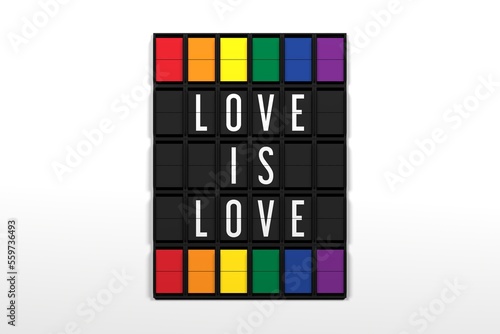 LOVE IS LOVE airport flapper with a white background. This image celebrates the pride, diversity, and inclusion. 3D render.
