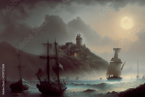 A mountainous island shrouded in mist with rudimentary medieval ships . Generative AI