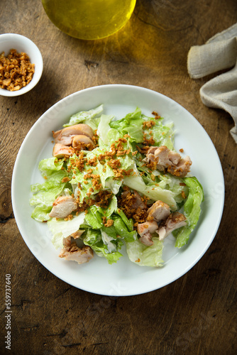 Homemade chicken salad with crunchy onion
