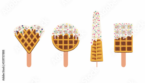 Sweet food and dessert food, vector set illustration of golden brown homemade corn dog waffle on a stick in various flavors decorations and white chocolate. Collection or group. White chocolate. Heart