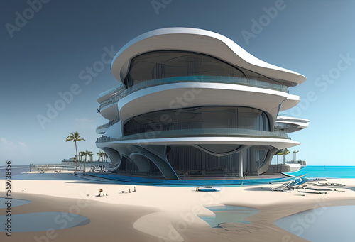 a building sideview with a swimming pool standing at the beach. Generative AI © lndstock
