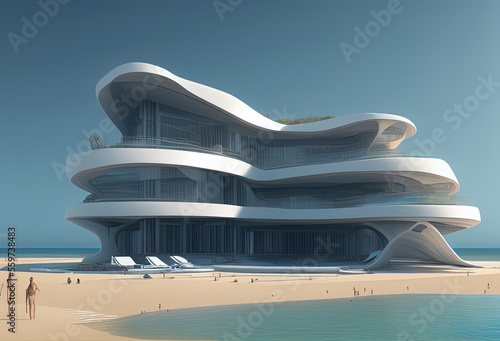 a building sideview with a swimming pool standing at the beach. Generative AI