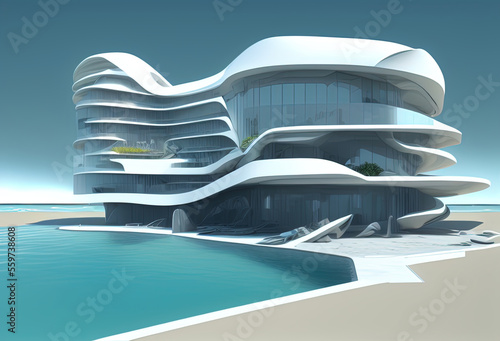 a building sideview with a swimming pool standing at the beach. Generative AI