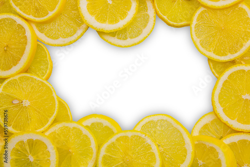 Frame of ripe and yellow lemons on a white background.