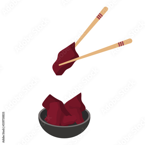 Red ginger with chopsticks. Illustration on the theme of asian cuisine